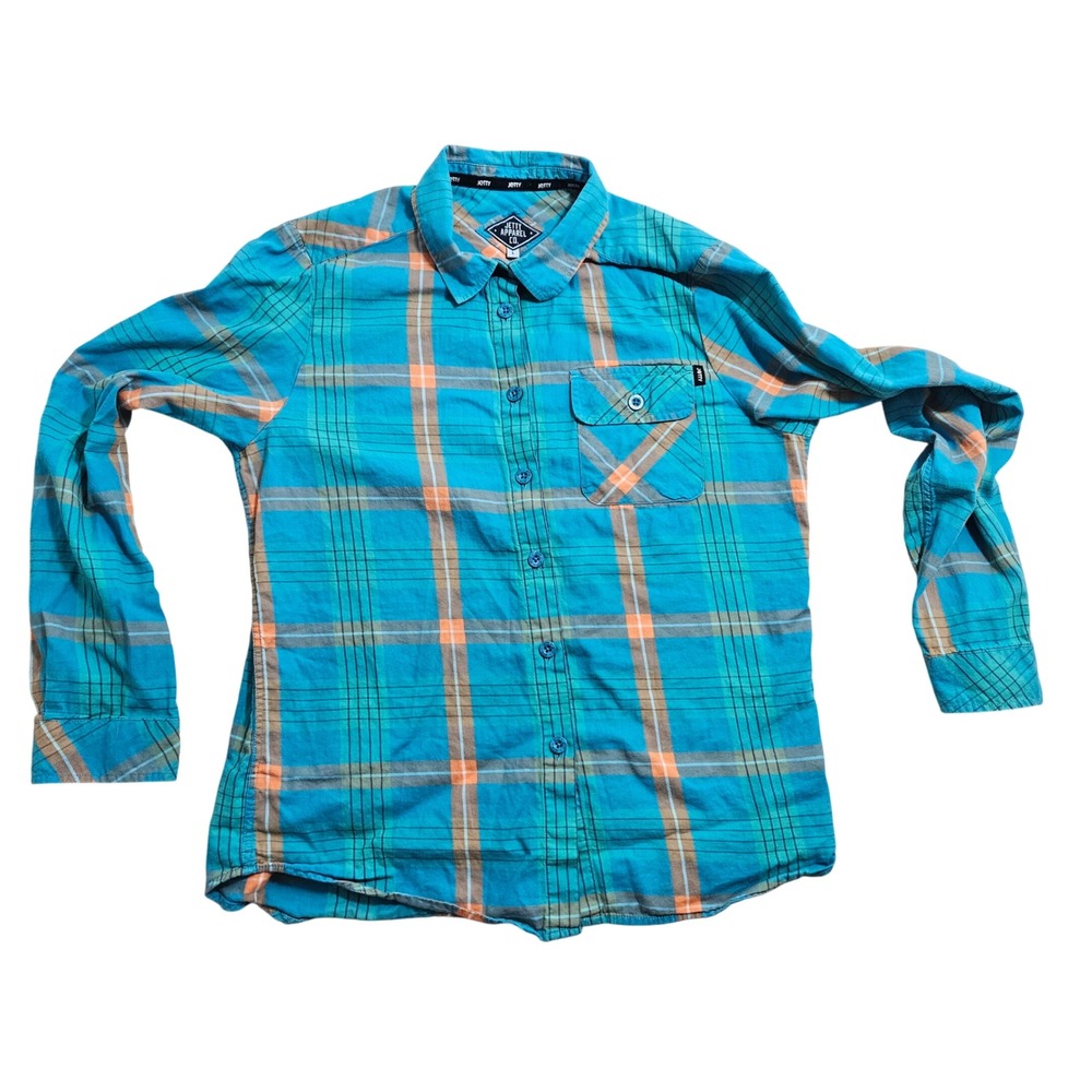 Jetty Apparel Co Button Down Shirt Large Turquoise Orange Plaid Long Sl Womens
